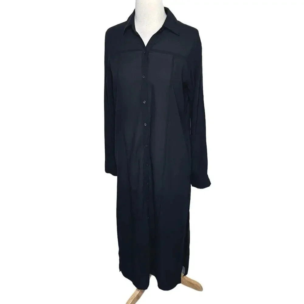 Abercrombie & Fitch S black sheer full button maxi dress cover up side slits NEW